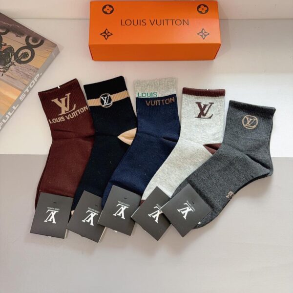 réplica,joyas,joyería,1:1,replica,fake,lujo,barato (5 pares por caja) Calcetines Louis Vuitton para hombre, de media caña, 100% algodón (5GQ5N)