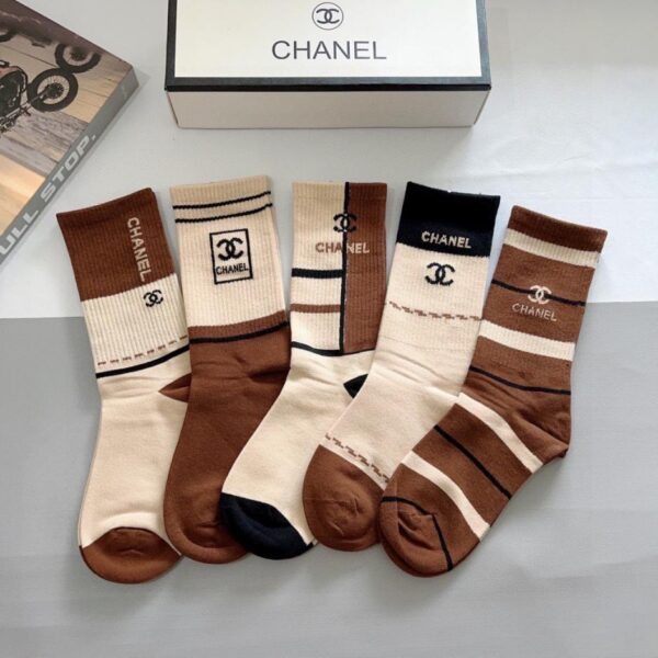 réplica,joyas,joyería,1:1,replica,fake,lujo,barato (5 pares por caja) Calcetines clásicos Chanel, algodón puro de alta calidad, material suave (CJ9Q3)