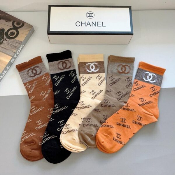 réplica,joyas,joyería,1:1,replica,fake,lujo,barato (5 pares por caja) Medias clásicas Chanel, material de algodón puro de alta calidad, suaves y de primera calidad (VSJV1)