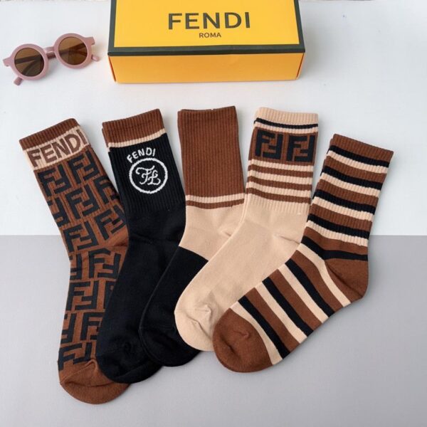 réplica,joyas,joyería,1:1,replica,fake,lujo,barato (5 pares por caja) Calcetines FENDI de media caña con doble letra F, tejido de puro algodón (6DGWC)