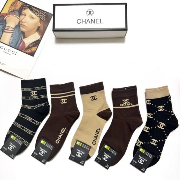 réplica,joyas,joyería,1:1,replica,fake,lujo,barato [5 pares por caja] Calcetines de algodón con el clásico logo de Chanel (9F37Y)