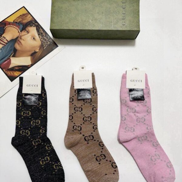 réplica,joyas,joyería,1:1,replica,fake,lujo,barato 【3 pares por caja】Calcetines GUCCI de media caña con hilo dorado y plateado, doble costura, material de hilo dorado y plateado mezclado (W7HUQ)