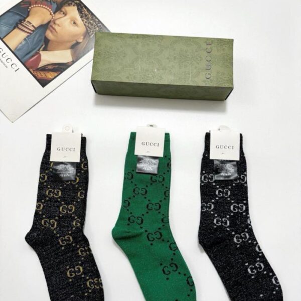 réplica,joyas,joyería,1:1,replica,fake,lujo,barato 【3 pares por caja】Calcetines GUCCI de media caña con hilo dorado y plateado, doble costura, material de hilo dorado y plateado mezclado (1CVR1)