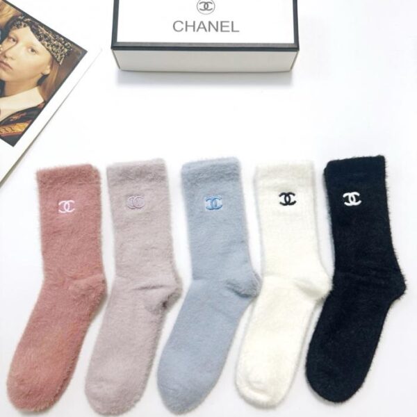 réplica,joyas,joyería,1:1,replica,fake,lujo,barato [5 pares por caja] Calcetines tobilleros Chanel clásicos con logo en tejido de visón (K7OT4)