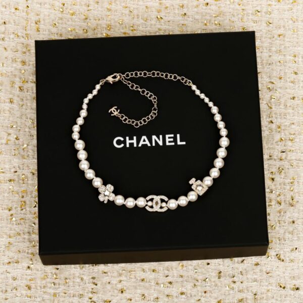 réplica,joyas,joyería,1:1,replica,fake,lujo,barato Boutique / Collar de cintura con perla blanca de doble C y ribete de encaje negro de Chanel (6CW7S)