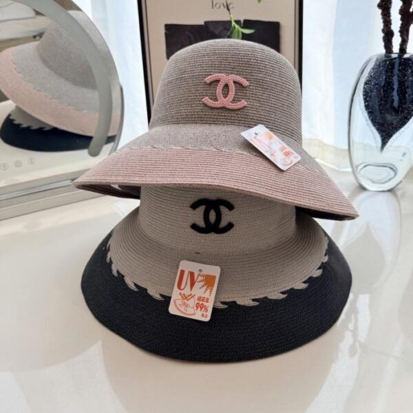 réplica,joyas,joyería,1:1,replica,fake,lujo,barato Sombrero de sol de ala ancha de Chanel, estilo cubo con bloques de color gris y rosa (WXV1OI)