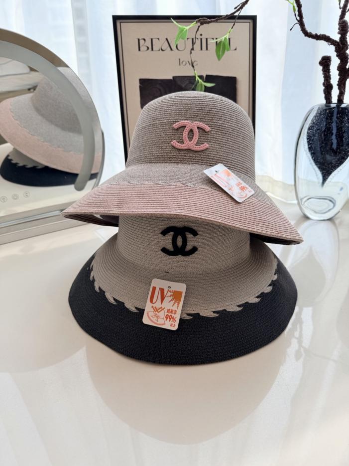 réplica,joyas,joyería,1:1,replica,fake,lujo,barato réplica,joyas,joyería,1:1,replica,fake,lujo,barato Sombrero de sol de ala ancha de Chanel, estilo cubo con bloques de color gris y rosa (WXV1OI)