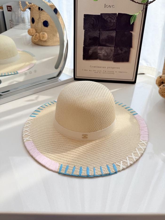 réplica,joyas,joyería,1:1,replica,fake,lujo,barato réplica,joyas,joyería,1:1,replica,fake,lujo,barato Sombrero de sol estilo resort de Chanel, sombrero de paja de ala ancha con bloques de color macaron, material de paja natural (QDUA1V)
