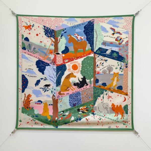 réplica,joyas,joyería,1:1,replica,fake,lujo,barato SHMS256818 Momme Libro ilustrado de Hermès con las fábulas de Esopo, de doble cara, 90×90 cm, en sarga de seda (LGJ9BL)